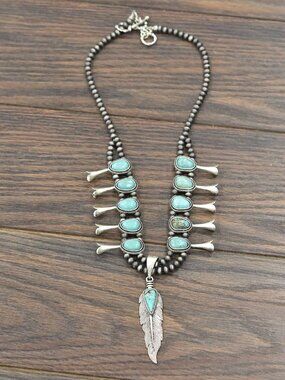 Western Squash Blossom Necklace Turquoise Feather Pendant Cowgirl Rodeo